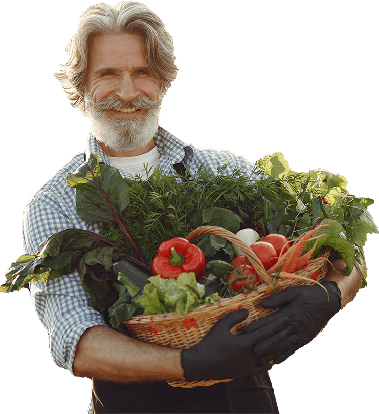 close up old farmer holding basket